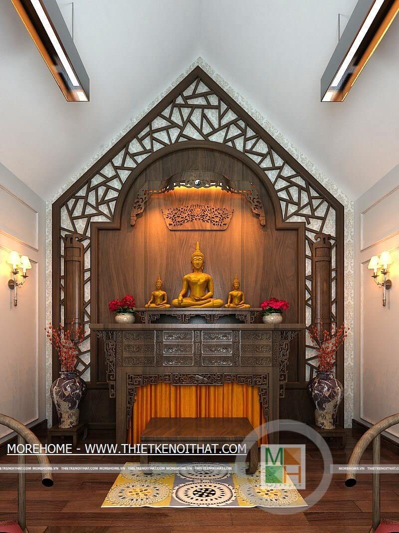 Mẫu bàn thờ gỗ tân cổ điển với đường nét chạm khắc tỉ mỉ, sang trọng mang đến sự yên tĩnh, riêng tư cho chốn linh thiêng